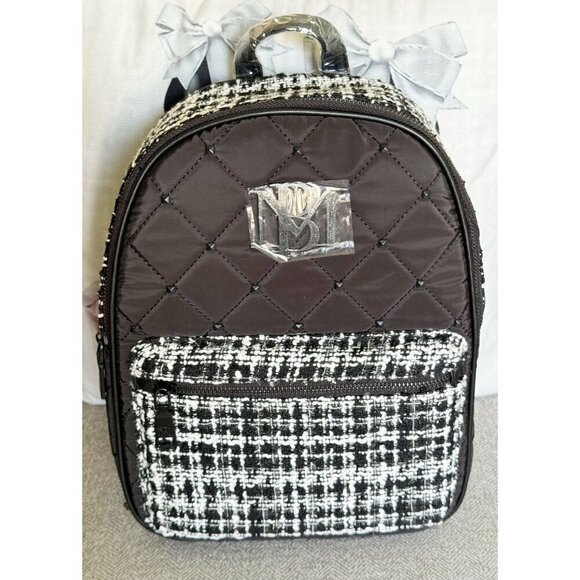 BADGLEY MISCHKA Black Faux Leather & Tweed Diamond Quilted NWT - Picture 1 of 9